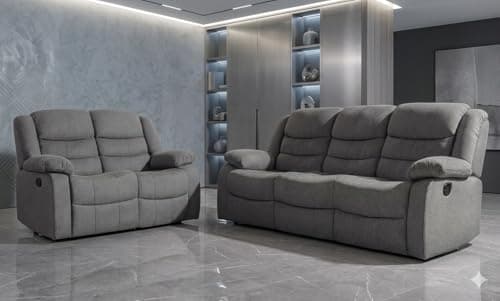 Image of MNS Roma Fabric Reclining Sofa, Grey Fabric, 3+2 Seater with Cup Holders