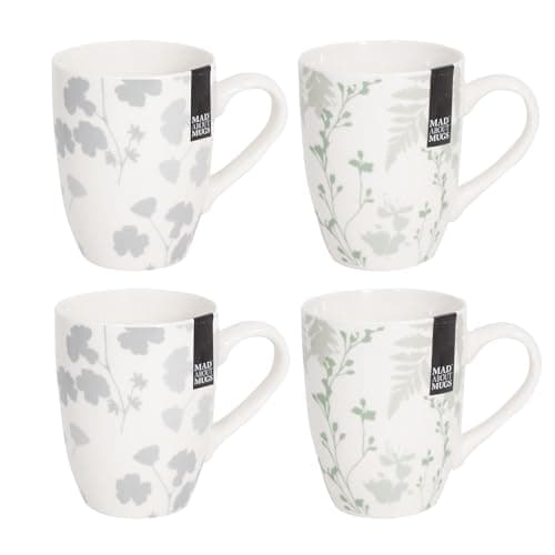 Image of Set of 4 Floral New Bone China Coffee Mugs Afternoon Tea Cups Home Kitchen Grey Green Stencil Design Mug Set