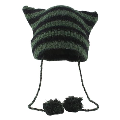 Image of WATERBELINE Hat,Knit Striped 3D Cat Ear Hat Elastic Windproof Hat with Pom Pom Decor Ear Protector Hat Winter Cycling Skiing Hat Dark Green Black