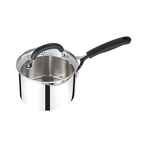 Image of Prestige Made To Last Stainless Steel Saucepan with Lid 16cm - Small Saucepan with Straining Lid, Measurement Guide & Easy Grip Silicone Handles, Induction Suitable, Dishwasher Safe Cookware
