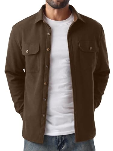 Image of QIXING Men's Fleece Lined Corduroy Shirt Button Down Long Sleeve Jacket Trucker Overshirt Autumn Winter Coats with Flap Pockets (Dark Brown, XL)