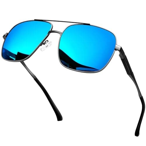 Image of KANASTAL Blue Square Sunglasses Mens Polarised Mirrored Tinted Womens Titanium Metal Oversized Classic Vintage Wide Mirror UV400 - Black Frame Blue Lens