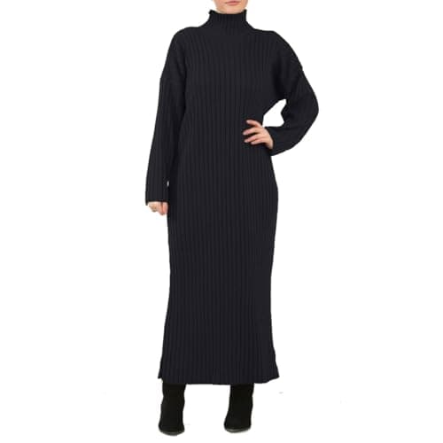 Image of GOSTYLES® Womens High Neck Ribbed Knitted Maxi Dress, Ladies Elegant Winter Wear Turtleneck Pullover Long Sleeve Jumper Dresses (Black, 12-14)