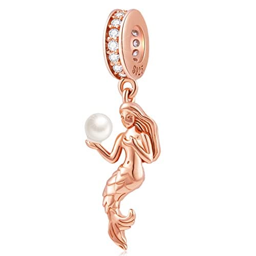 Image of GLOWDAS Rose Gold Mermaid Pendant Charms Holding Pearl fit Pandora Ocean Bracelet, 925 Sterling Silver Little Mermaid Princess Ariel Dangle Sea Life Bead, Gift for Sister/Christmas