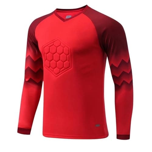Image of Hansber Kids Soccer Jersey Padded Football Shirt Uniform Goalkeeper Training Tops Running Moisture Wicking T-Shirts Red 9-10 Years