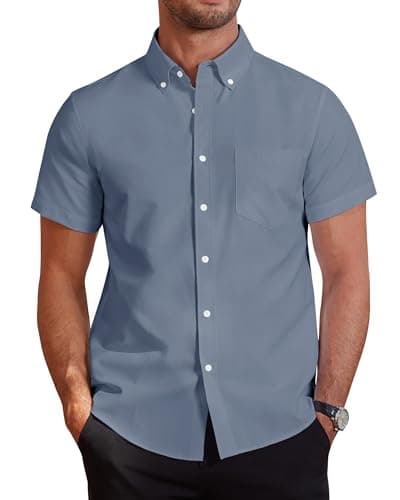 Image of J.VER Men's Navy Blue Short Sleeve Shirt Regular Fit Smart Casual Non Iron Shirt Button Down Oxford Business Work Office Cotton Summer Dress Shirts L