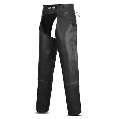 Image of BYKR Leather Motorcycle Chaps for Men & Women Overpants Cowboy Riding Biker Vintage Chap Pants Adjustable Waist & Length, Black, 48inch