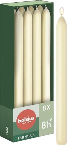 Image of Bolsius Tapered Dinner Candles - Ivory - 8-Pack - 23 cm - Long Burning Time of 8 Hours - Unscented - Includes Natural Vegan Wax - Without Palm Oil