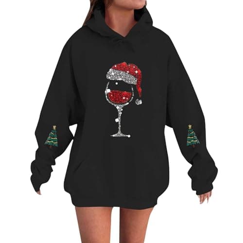 Image of Women'S Oversized Christmas Pullover Hoodie Hooded Sweatshirt Xmas Jumpers Funny Graphic Long Sleeve Pullover Tops Ladies Sweaters Casual Holiday Hoodie Tops Long Jumpers for Women Uk A Black