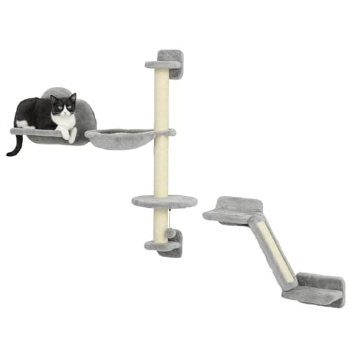 Image of PawHut Cat Wall Furniture with Hammock, Platforms, Ladder, Scratching Post - Grey
