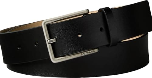 Image of Calvin Klein Men’s Warmth Square Buckle 3.5 cm Smooth Belt, Black (Black/Antique Silver), 53.2 inches