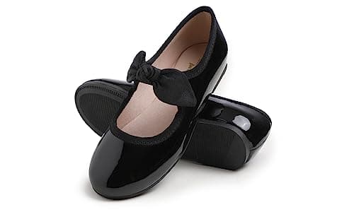 Image of Feversole Girls Cute Dress Mary Jane Shoes Little Kids Casual Buckle Strap Flats Bow Elastic Black Patent Kids Size UK 1