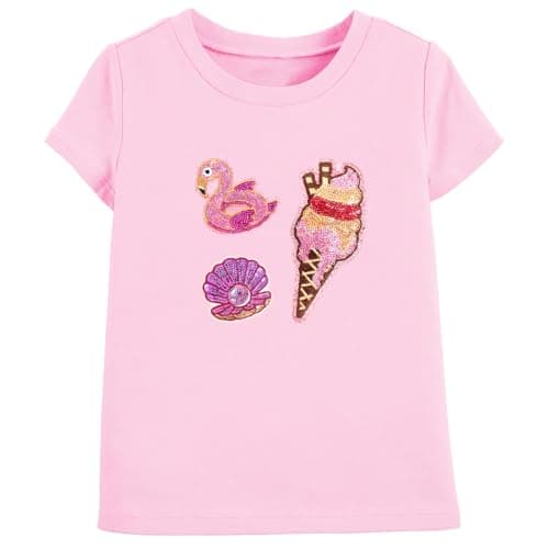 Image of Girls Pink T-Shirt, Ice Cream Flamingo Shell Reversible Sequin Short Sleeve Cotton Top, Casual Crew Neck Summer Tee for Toddler Girls Age 6