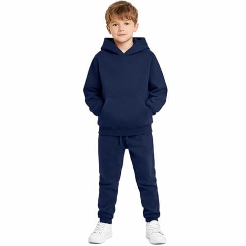 Image of Kids Tracksuit Set, Boys Girls Casual Warm Plain Pullover 300 GSM Long Sleeve Cotton Blend Ribbed Hoodie Top and Joggers Outfit Sets For Sports & Dailywear UK Size 7-14 Years, (Navy - 7-8 Years)