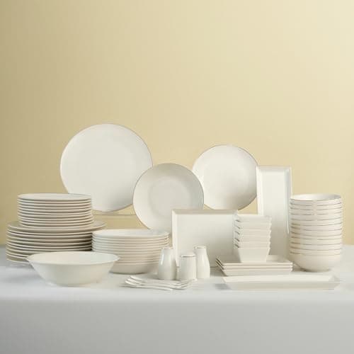 Image of Karaca Donatella Fine Bone China Dinner Set - 70-Piece Dinnerware for 12 People, Dinner Plate Set with Pasta Bowls, Dessert Plates, Large Serving Bowls and Porcelain Spoons - Gold White