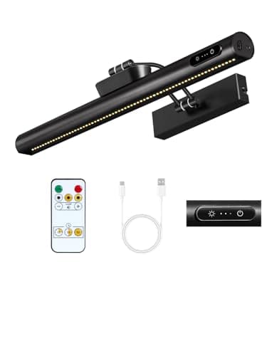 Image of OUTON Rechargeable Picture Light with Remote & Touch, Magnetic Battery Operated Art Light, 3-Color Dimmable, 4000mAh, Timer, Power Indicator, Wireless for Wall Paintings, Mirrors, Gallery – Black