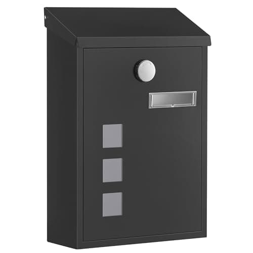 Image of SONGMICS Post Box, Wall Mounted Letterbox, Mailbox with Sloped Roof, Copper Lock Cylinder, Swivel Cap, Viewing Windows, Nameplate, Easy to Install, 9 x 21.8 x 31.8 cm, Black GMB032BZ01