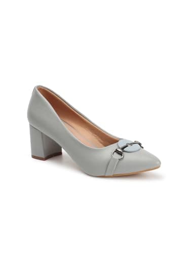 Image of Carlton London Women Beige Stylish Slip-on Pump Shoes with Block Heels, Pointed Toe for Party and Formal Occasions, Grey, 6 UK