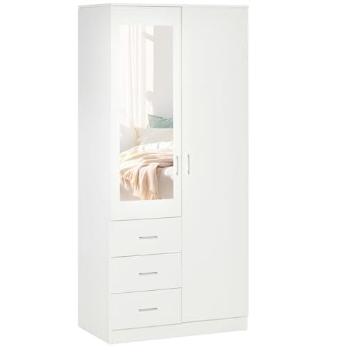 Image of HOMCOM 2 Door 3 Drawer Mirrored Wardrobe with Hanging Rail, Modern Clothes Storage Cupboard with Mirror, Drawers and Adjustable Shelves for Bedroom, 80 x 50 x 180 cm, White