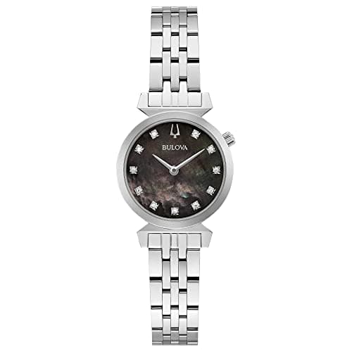 Image of Bulova Ladies Regatta Black Mother-of-Pearl Diamond Dial Stainless Steel Watch | 24mm | 96P221, Analog Watch,Quartz Movement