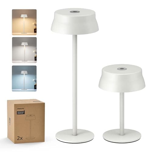 Image of Philips Cordless Table Lamp, Portable Outdoor LED Desk Light, Rechargeable Battery Operated, 2 Adjustable Height, Touch Control & 3 Color Stepless Dimming, Waterproof Lamps for Bedroom, White