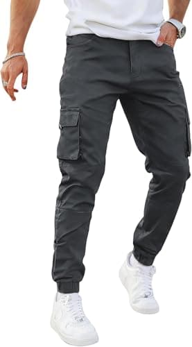 Image of GINGTTO Mens Cargo Joggers Slim Fit Workout Pants Stretch Trousers with Pockets for Men Walking Chinos Dark Grey 32