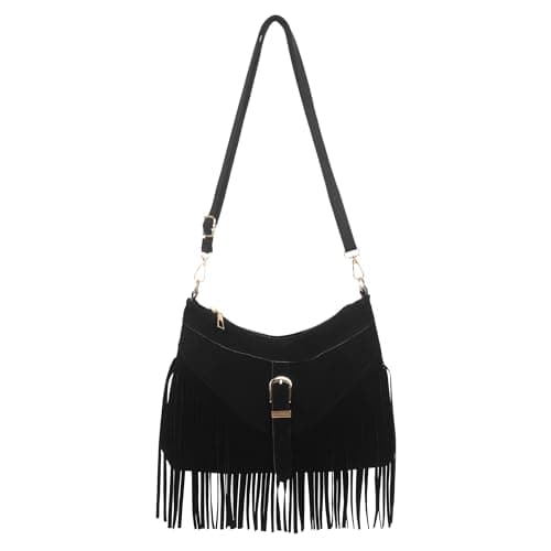 Image of Hobos Shoulder Bags for Women, Black Tassel Handbag Large Capacity, Vintage Fringe Crossbody Bag Western Style with Long Adjustable Strap for Travel Outing Go Shopping