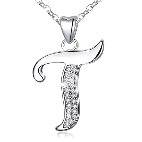 Image of Initial Necklace Sterling Silver Letter Necklace Letter T Alphabet Personalized Pendant Jewellery with Cubic Zirconia Gifts for Women Girls AEONSLOVE