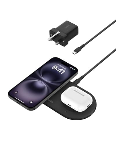 Image of Belkin BoostCharge Pro 2-in-1 Wireless Charging Pad with Magnetic Qi2 15W, Fast Charging iPhone Wireless Charger Compatible with iPhone 17, Air, 16, 15, 14 Series, Pixelsnap, AirPods & More - Black