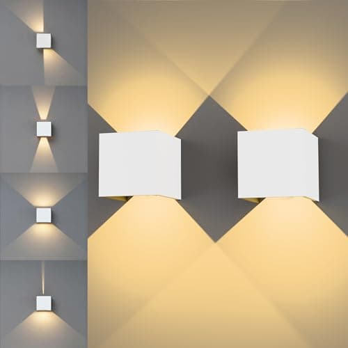 Image of KarlpaSW Up and Down Lights Indoor/Outdoor 2Pack,Adjustable Beam 12W 3000K Warm White Outdoor Lights Mains Powered,White LED Wall Sconce IP65 Cube Aluminium for Staircase,Corridor,Restaurant