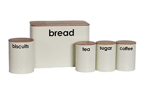 Image of Denny International 5pc Kitchen Storage Set with Airtight Bamboo Lids Includes Tea Coffee Sugar with Matching Biscuit Barrel Canister Jar & Bread Bin BY Crystals® (Cream)