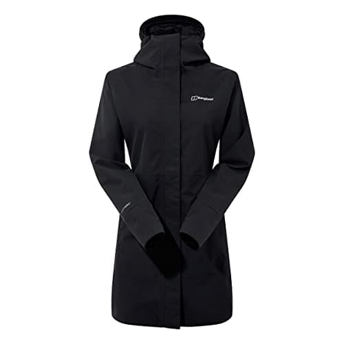 Image of Berghaus Women's Omeara Long Length Waterproof Shell Jacket | Adjustable Fit | Two-Way Zip Waterproof Jacket, Black/Black, 16