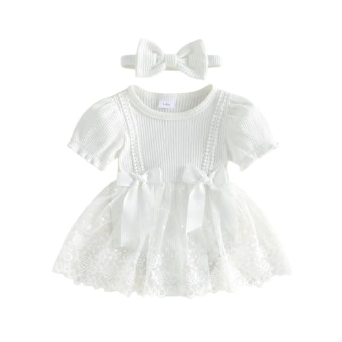 Image of Ardougudougu Baby Girl Romper Dress Lace Tulle Tutu Bodysuit Jumpsuit Flowers Embroidery Skirt Infant Girl Spring Summer Clothes (White, 6-9 Months)