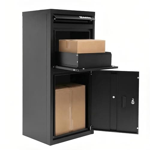 Image of BIRCHTREE Large Parcel Drop Box with Lock & 2 Keys, 101cm Height, Secure Parcel Delivery Box, Weatherproof Outdoor Metal Parcel Box with Anti-Theft Design, Wall or Floor Mounted, Black