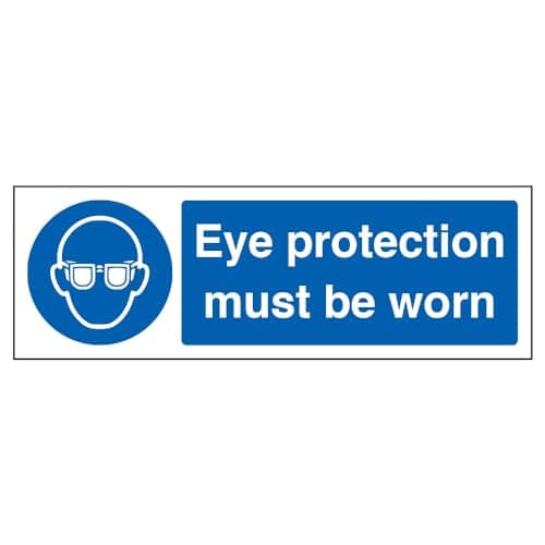 Image of V Safety 41051AX-S Eye Protection Must Be Worn PPE Sign - Landscape - 300mm x 100mm - Self Adhesive Vinyl, Blue