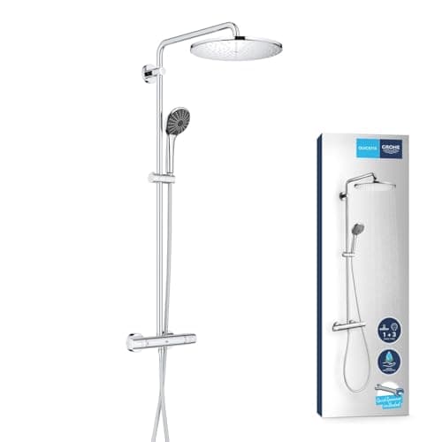 Image of GROHE Vitalio Joy XXL 310 – Wall Mounted Cool Touch Thermostatic Mixer (31 cm Head Shower, Swivel Arm, 11 cm 3 Spray Hand Shower with Easy Clean Nozzles, Water Saving), Chrome, 26400001