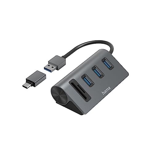 Image of Hama USB Hub and Card Reader 5 Ports (3 x USB-A, 1 x SD, 1 x MicroSD with USB-C Adapter, up to 5 Gbps, Connection for Mouse, Keyboard, Memory Card etc., USB Adapter for Office, Home Office) Aluminium