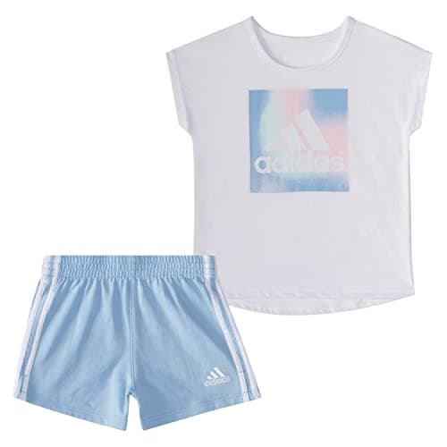 Image of adidas Girls' Baby 2 Piece Cotton French Terry Short Set, White with Blue, 12 Months