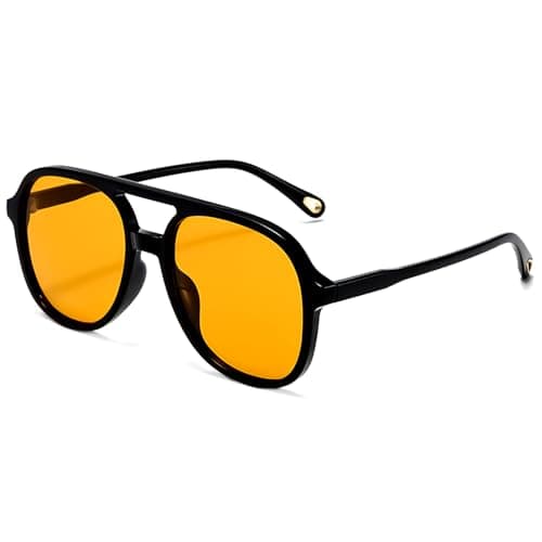 Image of LOJUDI Retro 70s Sunglasses Mens Womens - Polarised Tinted Pilot Vintage Square Double Bridge Glasses UV400 Protection-Black/Orange Yellow