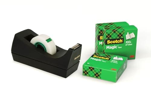 Image of Scotch Desktop Tape Dispenser C38, Black + Scotch MagicTape, 19 mm x 33 m, 3 Rolls -Ideal for School, Home and Office