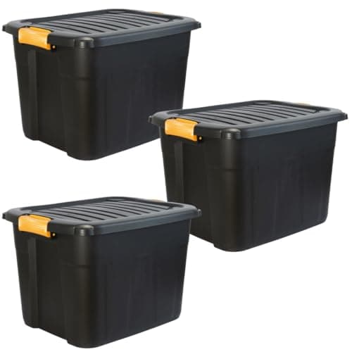 Image of DANIEL JAMES Housewares Heavy Duty Storage Box with Lid - Large Plastic Stackable Storage Boxes with Clip Handles - Lockable BPA Free Indoor Outdoor Garage Storage Trunk Box - 3 Pack, Black, 42l