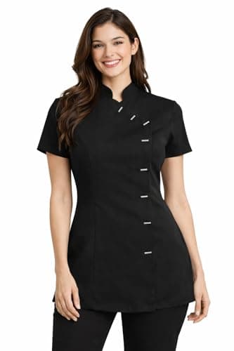 Image of IBEX Black Beauty Tunic for Women – Spa & Salon Uniform, Beautician & Nail Technician Workwear, Massage Therapist Top, Asymmetric Button, Mandarin Collar, Black, 14