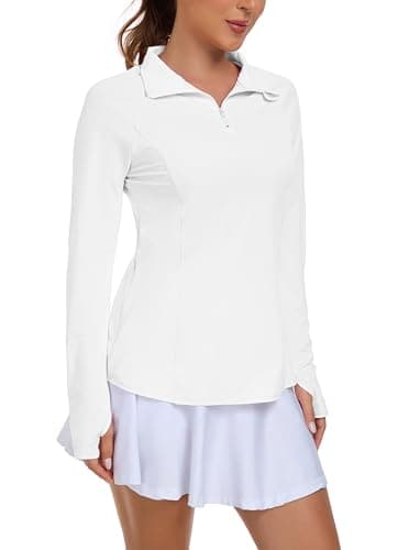 Image of IWOLLENCE Running Top Womens UPF 50+ UV Loose Fit Ladies Golf Sports Tops Workout Gym Clothes Long Sleeve Rash Vest 1/4 Zip Activewear with Thumb Holes and Right Side Pocket (White, M)