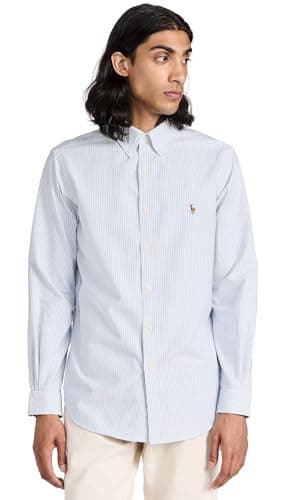 Image of Polo Ralph Lauren Mens Classic Fit Plaid Oxford Shirt, Blue/White Stripe, Medium