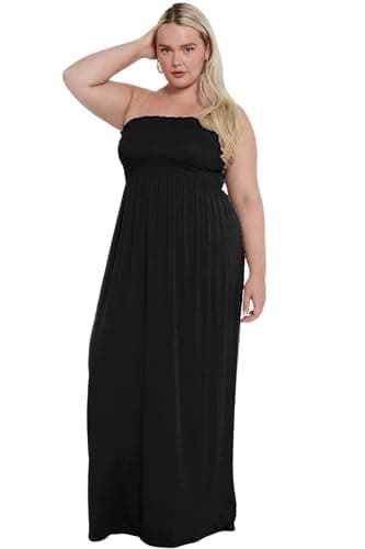 Image of eyes Womens Plain Full Sheering Bandeau Boobtube Gather Strapless Summer Maxi Dress Ladies Plus Size Casual Sleeveless Dresses Black UK 12-14