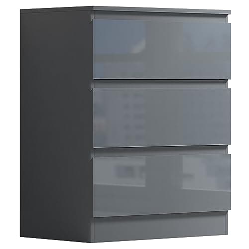Image of FWStyle Grey Gloss 3 Drawer Chest of Drawers with Matt Grey Frame, Deep Storage Bedroom Furniture with Chamfered Handleless Fronts and Metal Runners, H77 x W60 x D40cm