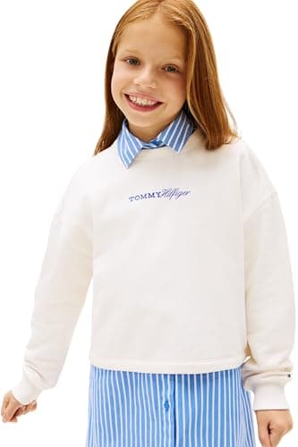 Image of Tommy Hilfiger Girl's Glitter Tommy Crew KG0KG09128 Sweatshirts, WHITE (Ancient White), 12 Years