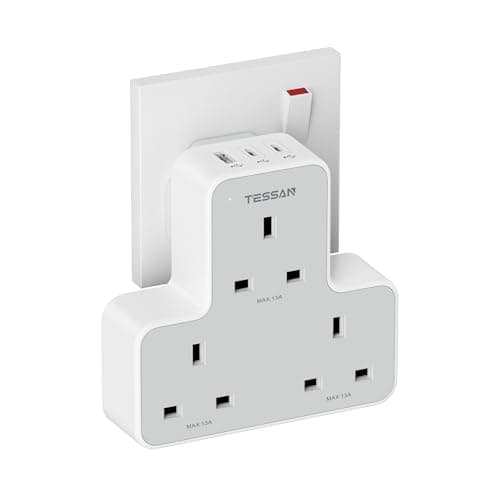 Image of 3 Way Plug Adapter UK, TESSAN Multiplug Socket with 3 USB, Wall Plug Extender Adapter, Multiple Outlets Extender with Triple USB Charger for Home, Office, School Supplies