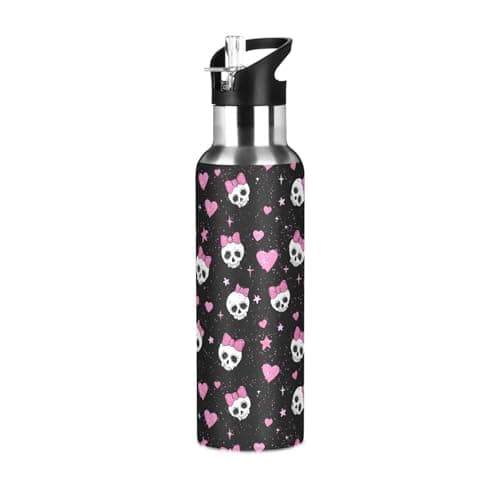 Image of ALAZA Stainless Steel Water Bottle with Straw 600ml/20oz, Skull Bow Heart Pink Insulated Drink Flask Gym Sports Water Bottle for Kids Adults Boys Girls, Leakproof
