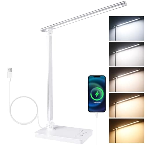 Image of Akynite LED Desk Lamp Dimmable with USB C Port, 5 Color Changing 10 Brightness, 45Min Timer Touch Control LED Desk Light, Foldable Lamp for Reading Learning Bedside Table, Memory Function, White